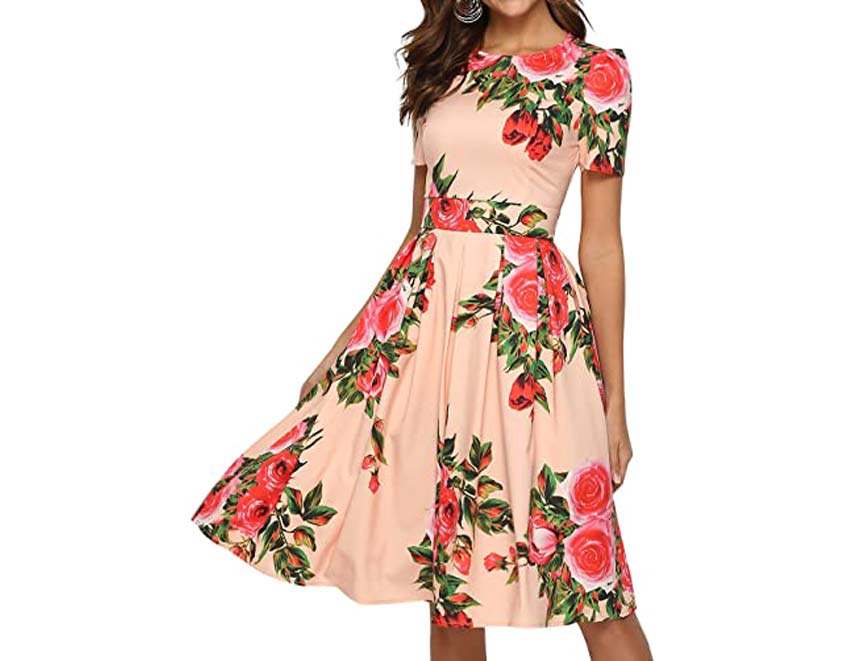 Simple Flavor Women's Floral Summer Midi Dress Vintage Evening Dress Short Sleeve