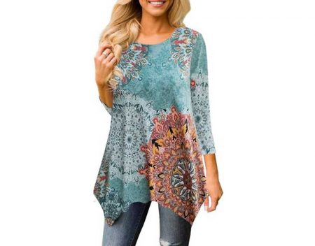 MIROL Women's Spring Floral 3/4 Sleeve  Asymmetrical Tunic Top tunic tops for leggings